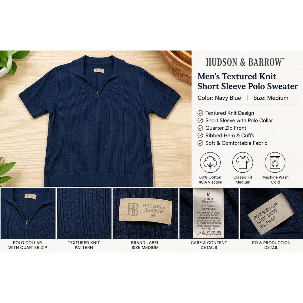 Hudson & Barrow Mens Navy Blue Quarter Zip Short Sleeve Knit Polo Shirt Size M